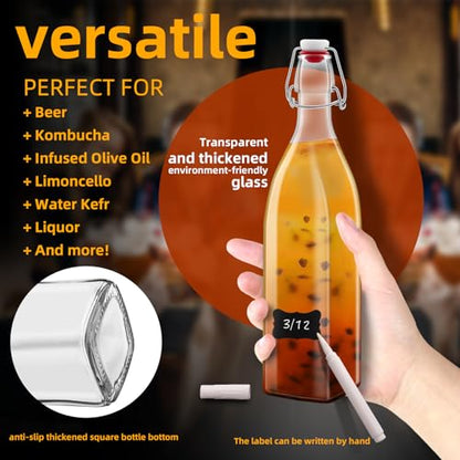 3 Pack 32oz Square Swing Top Glass Bottles, 1000ML Bottles with Airtight Stoppers for Kombucha, Kefir, Vanilla Extract, Beer(Bonus Gaskets, Labels and Funnel)