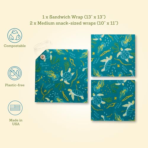 Bee's Wrap Beeswax Wraps for Food - 3 Pack of Assorted Beeswax Wraps - 2 Medium & Sandwich Wrap - Plastic Free Made in USA Reusable Natural Food Wrap - Ocean - style: Lunch Pack Ocean