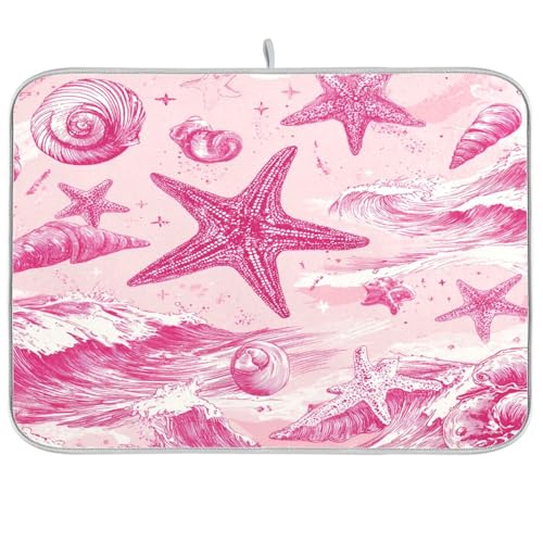 Dish Drying Mat for Kitchen Counter Dish Mat Dish Drainer Mats Kitchen Drying Mat Pad Microfiber Absorbent Reversible 18x24 Inch Bright Pink Starfish Waves Shells - color: Bright Pink Starfish Waves Shells, size: 24" x 18"