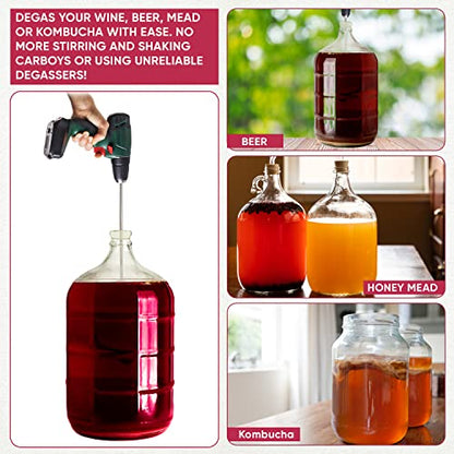 Wine Beer Degasser Whip for Wine Making | 15.5” Stainless Steel 316 - Drill Mixer Rod Attachment Wand | Winemaking, Brewing, Mead, Kombucha, Lees Supplies | Mixing Stirring, De-gassing, Agitator Tool