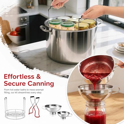 Cedilis 4 Pieces Canning Kit, 1PC Canning Rack+ 1PC Jar Lifter Tong+ 2PC Funnels, Stainless Steel Canning Supplies for Mason Jars