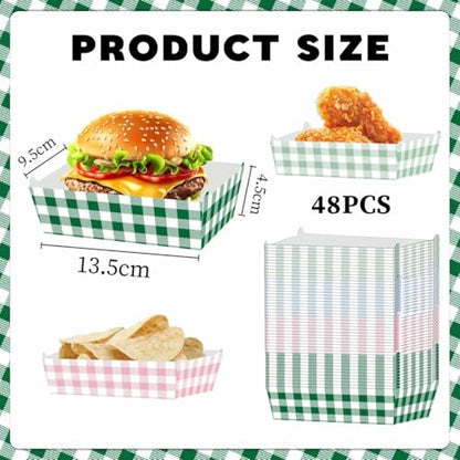 Zliisang 48 Pcs Camp Gingham Food Trays Blue Pink and Green Gingham Party Supplies Disposable Serving Tray Nacho Trays Food Boats for Camp Bachelorette Party Decorations Camp Picnic Decor
