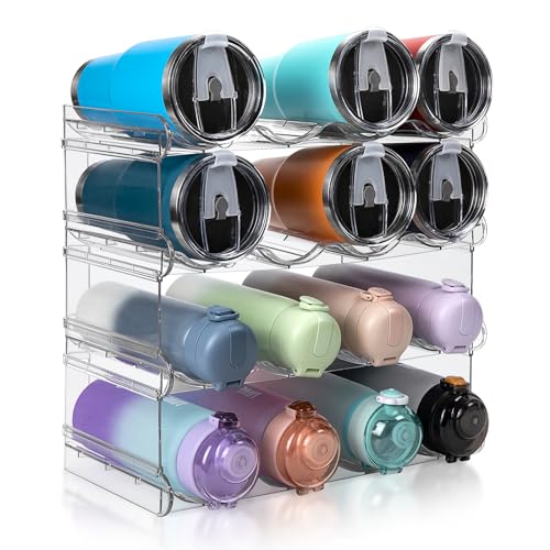 spospo Stackable Water Bottle Organizer, Large Compartment Water Bottle Holder, 4 Tier Clear Water Bottle Organizer for Cabinet, Bottle Rack for Kitchen Organization and Storage - Hold 16 Bottles - size: 4 Pack