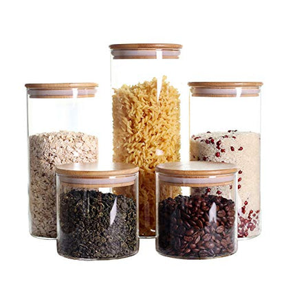 LEAVES AND TREES Y Stackable Kitchen Canisters Set, Pack of 5 Clear Glass Food Storage Jars Containers with Airtight Bamboo Lid for Candy, Cookie, Rice, Sugar, Flour, Pasta, Nuts - color: Round-3.9 IN-5Pack