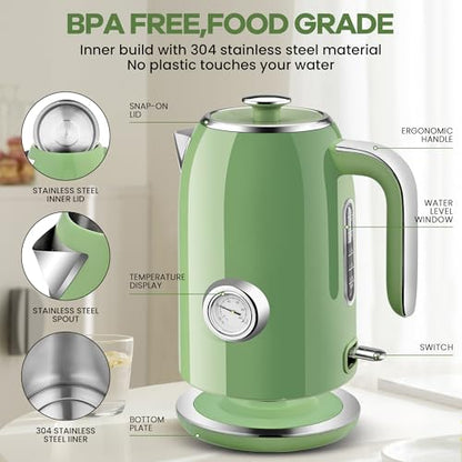 Pukomc Electric Kettle,1.7L Stainless Steel Electric tea kettle with Temperature Gauge, Fast Boiling, Auto Shut - off, BPA - Free, Boil - Dry Protection, (Retro Green) - color: Green