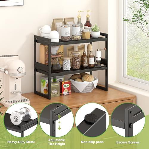 DOLALIKE Expandable Kitchen Countertop Organizer, Stackable Cabinet Shelf Organizers, Space Saving Spice Rack Pantry Storage for Bathroom Office Organization (Black, 2 Pack) | Space Saving Metal Pantry Storage Racks for Kitchen Spice Rack Pans and Untensi