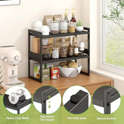 DOLALIKE Expandable Kitchen Countertop Organizer, Stackable Cabinet Shelf Organizers, Space Saving Spice Rack Pantry Storage for Bathroom Office Organization (Black, 2 Pack) | Space Saving Metal Pantry Storage Racks for Kitchen Spice Rack Pans and Untensi