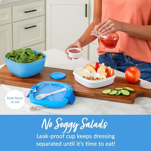 Bentgo Salad Container - 54 oz Bowl with 4-Compartment Toppings Tray, Leak-Proof Dressing Container, Reusable Fork, BPA-Free Lunch Box for Meal Prep & Food Storage; Removable Bento Tray (Blue) - color: Blue