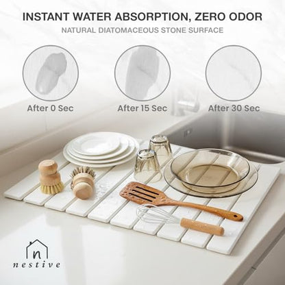Large Stone Drying Mat for Kitchen Counter | 24"x16" | Fast Drying Collapsible Diatomaceous-Earth Mat | Super Absorbent Folding Mat for Dishes, Bottles, Glass, Heat-Resistant, Non-Slip (White) - color: White
