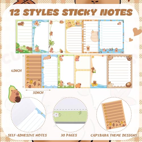 Chiisong 12 Pack Capybara Sticky Notes Gifts Cute Sticky Notes 3x4 Funny Gifts for Capybara Lovers Cartoon Notepads Animals Memo for Women Men Office Supplies Home Christmas Favors - style: Capybara