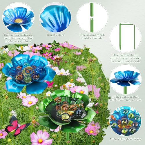4 Pack Bee Watering Station, Metal Bee Feeder with Glass Marbles, Flower Design Bee Butterfly Watering Station Bee Waterer for Outdoor Garden Courtyard Decors
