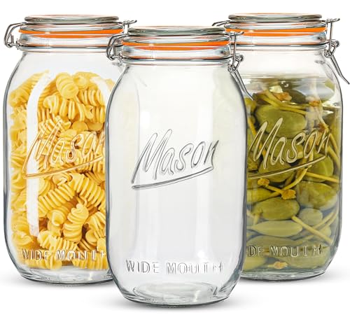 Anwoi Wide Mouth Mason Jars 64 oz 3 Pack Half Gallon Glass Jar with Airtight Lids, Large Mason Jar with Scale Mark Food Storage Canning Jars for Pickling Flour Sugar Pasta Oats Cereal - color: 64oz 3pack