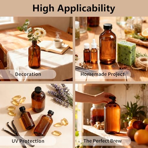 4 Pack 32 oz Amber Glass Boston Round Bottles with Phenolic Polycone Caps – Airtight, Leak-Proof Brown Bottles for Kombucha Brewing, Essential Oils, Storing Condiments, and Homemade Solutions - size: 32 Ounces