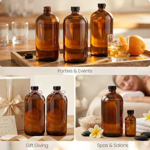 TBWIND 4 Pack 32oz Amber Glass Boston Round Bottles with Airtight Caps | Refillable Storage Bottles for Vanilla Extract, Kombucha, Cold Brew, Syrup & Oils with Droppers, Labels & Funnels - size: 32 oz