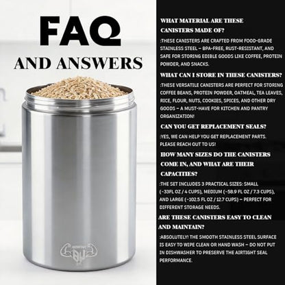 3-Piece Stainless Steel Food Canisters Set (27/47/84oz) | Airtight Metal Kitchen Storage Containers with Screw Lids | Stackable Jars for Coffee, Flour, Sugar & Protein Powder - color: Silver