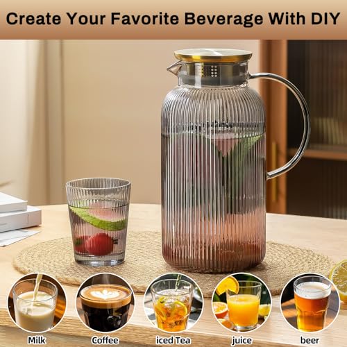 Buaic 2 PACK Glass Pitcher with Lid, 68 oz/ 2 Liter Gray Classic Vertical Stripes Water Pitcher,Glass Water Carafe for Cold Brew, Coffee, Lemonade, Iced Tea,Beverage, Heat Resistant Water Glass Jug - color: Gray, size: 2L-2 PACK