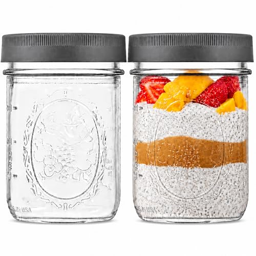 Wide Mouth Mason Jars 16 oz [2-Pack] with Airtight Lids – Glass Jars for Overnight Oats, Yogurt Parfait & Chia Pudding | BPA-Free Leak-Proof Lids - size: 16 oz