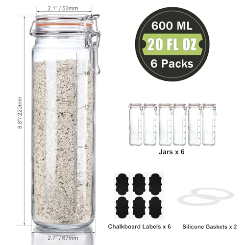 [Upgraded] 20 oz Glass Jars with Airtight Lids for Vanilla Extract, 6 Pack Glass Juice Bottles with 2 Measurement Marks, Glass Food Storage Canister Set For Beans, Spice, Tea, Drink, Milk. 600ML