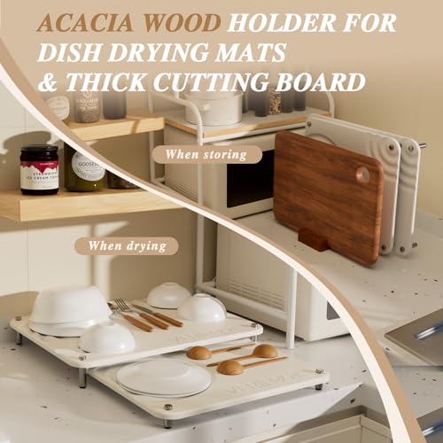 Pearl White 2Pcs Large Stone Dish Drying Mat with Acacia Wood Holder Stand for 1 Inch Cutting Board and Stone Drying Mat for Kitchen Counter Quick Dry Diatomaceous Earth Mat for Kitchen Counter - color: Acacia Holder Pearl