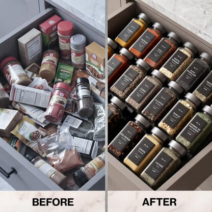 EDELHAUS Glass Spice Jars with Label, 24x Space Gray Stainless Steel Lids | Airtight Lids keep spices fresh, Kitchen Spice Drawer Organizer, 4oz Seasoning Containers incl. Funnel, Brush & 240 Labels - color: Space Gray Stainless Steel Lid