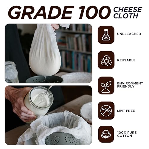 Cheese Cloths 100 Grade, 160X45 Inches - 50 Sq Feet Unbleached 100% Cotton Fabric - 5.5 Sq Yards Ultra Fine Mesh Muslin Cloth - Cheesecloth For Straining Cooking, Cheese Making, Washable & Reusable - size: 5.5 Sq Yards