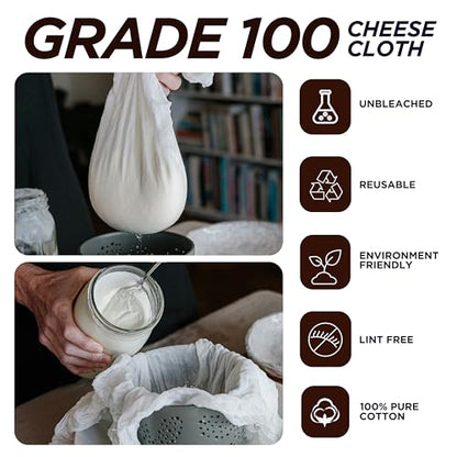 Cheese Cloths 100 Grade, 45X40 Inches-12 Sq Feet Unbleached 100% Organic Cotton Fabric - 1.4 Sq Yards - Reusable Ultra Fine Mesh Muslin Cloth - Cheesecloth For Straining Cooking Baking, Cheese Making - size: 1.4 Sq Yards