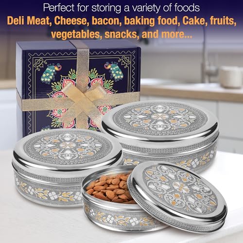 KSJONE Meenakari Designer 3PC Stainless Steel Food Storage Containers with Lids Leakproof, Meal Prep Container Airtight, Kimchi Containers Nestable, Freezer Safe (1100ml, 1700ml & 2300ml)