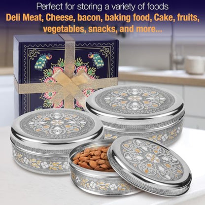 KSJONE Meenakari Designer 3PC Stainless Steel Food Storage Containers with Lids Leakproof, Meal Prep Container Airtight, Kimchi Containers Nestable, Freezer Safe (1100ml, 1700ml & 2300ml)