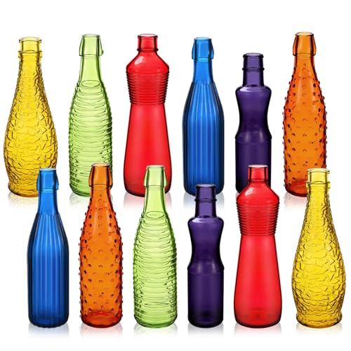 Zhehao 12 Pcs Colored Glass Bottles Colorful Empty Wine Bottles Decorative Glass Bottle for Bottle Tree Garden Yard Outdoor Home Decor(Dark Rainbow Color,Textured) - color: Dark Rainbow Color, style: Textured