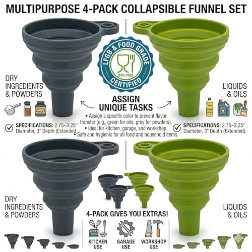 Kitchen Funnel 4 Pack, Food Grade Plastic Funnel Set for Filling Bottles, Canning & Mason Jars, Wide Mouth Easy Pour Design – 2 Green + 2 Grey