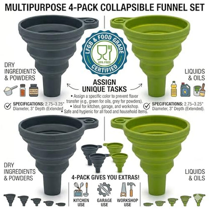 Kitchen Funnel 4 Pack, Food Grade Plastic Funnel Set for Filling Bottles, Canning & Mason Jars, Wide Mouth Easy Pour Design – 2 Green + 2 Grey