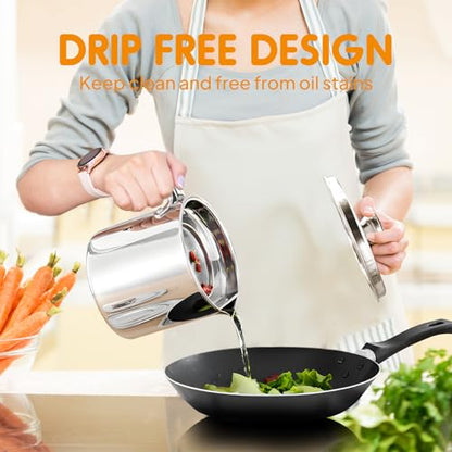 Chihee Grease Container Stainless Steel 2L / 67.6 fl oz Fine Mesh Strainer | Easy to Clean Large Spout Bacon Grease Saver Cooking Oil Keeper Stoarge Can with Dust-proof Lid Non-slip Tray Kitchen Frying - color: Silver(2L)