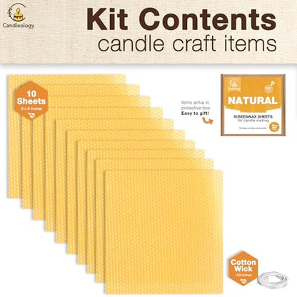 Natural Beeswax Sheets for Candle Making (10-Sheet Pack with Cotton Wicks) Natural Yellow Tone - DIY Beeswax Candle Rolling Kit for Kids & Adults - color: Natural-Gold