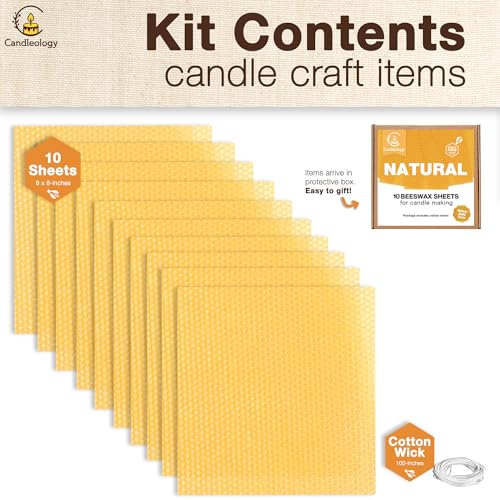Natural Beeswax Sheets for Candle Making (10-Sheet Pack with Cotton Wicks) Natural Yellow Tone - DIY Beeswax Candle Rolling Kit for Kids & Adults - color: Natural-Gold
