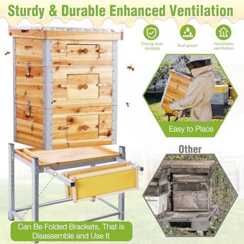 GUTINNEEN Bee Hive with Metal Frame and Stand, 10-Frame Bee Box Langstroth Beehive Dipped in 100% Beeswax,Easy Assemble Flow Hive Box Includes Wooden Frames & Waxed Foundations