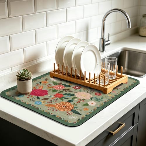 Vintage Floral Dish Drying Mat 16x18 Inch, Dish Mat Drying Kitchen Mats for Extra Large Absorbent Countertop, Aesthetic Boho Drying Matt Kitchen Counter Washable Heat Resistant Dish Drainer Rack Mat - color: Bohemian Flowers-2, size: 18" x 16"