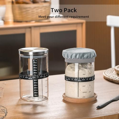 Wissy&Konny Sourdough Starter Jar,2PACK 35OZ Wide Mouth with Ounce Scale line,Date Marked Feeding Band, Thermometer, Sourdough Jar Scraper, Cloth Cover & Stainless Steel Lid Sourdough Starter Kit - color: Steel Lid-2 Pack