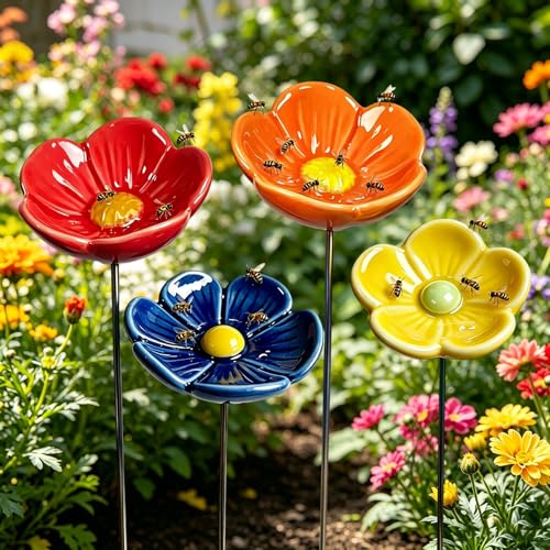 Bee Watering Station for Garden – 2026 New Ceramic Blossom Watering Cups, Handmade Flower Feeder & Water Dish, Outdoor Yard Art for Butterflies & Birds (4Pack) - size: 4Pack