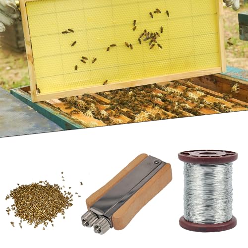 Apiculture Tensioner Crimper with Bee Frame Wire, 304 Stainless Steel Wire Honeycomb Frame Holding Tool (Metal Wheels and Wooden Handle, 200 Brass Honeycomb Frame end Holes)
