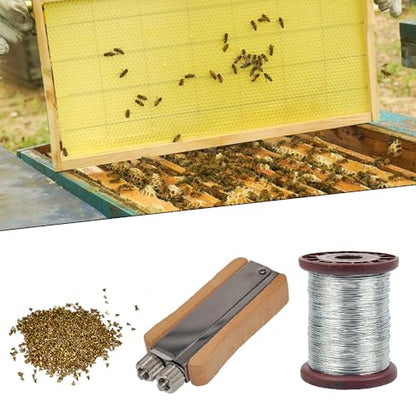 Apiculture Tensioner Crimper with Bee Frame Wire, 304 Stainless Steel Wire Honeycomb Frame Holding Tool (Metal Wheels and Wooden Handle, 200 Brass Honeycomb Frame end Holes)