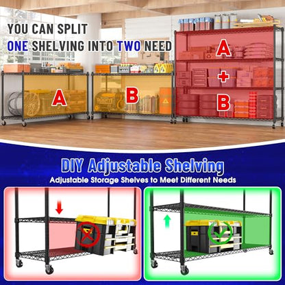 REIBII 2480LBS Capacity Heavy Duty Storage Shelves with Wheels, 1-Inch (25.4mm) Steel Tube, Adjustable Wire Shelving for Garage, Warehouse, Pantry & Commercial Use, 75.6" H x 55.5" W x 24" D - color: Black