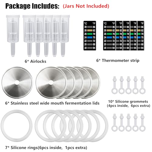 laffeya Fermentation Lids Kit, 6 Sets Stainless Steel Wide Mouth Mason Lids | Mason Jar Fermenting Lid, Airlock, Thermometer Strip, Silicone Ring & Grommet, Fermentation Airlock Lids (Jars Not Included)