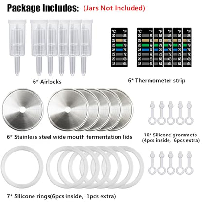 laffeya Fermentation Lids Kit, 6 Sets Stainless Steel Wide Mouth Mason Lids | Mason Jar Fermenting Lid, Airlock, Thermometer Strip, Silicone Ring & Grommet, Fermentation Airlock Lids (Jars Not Included)