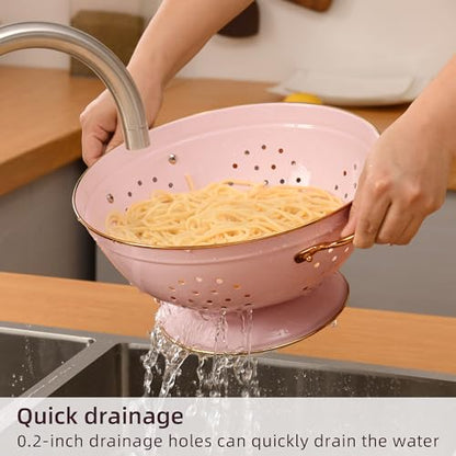 Metal Colander Set of 2, Strainer Basket with Handles 3.5 & 5 Qt Powder Coated Self-draining Solid Ring Base Metal Large Kitchen Colander Bowel for Pasta Vegetable Fruit (PINK) - color: M-PINK