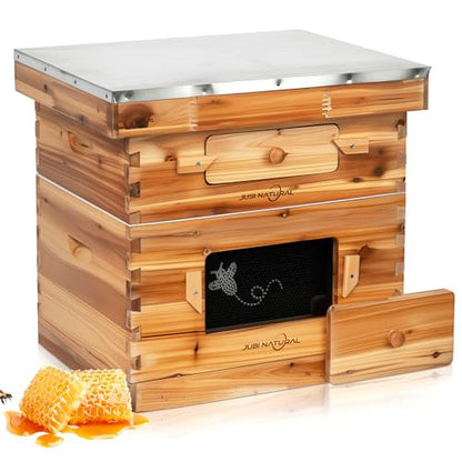Bee Hive 10 Frame Bee Box Starter Kit, Beeswax Coated Bee Hives | 1 Deep + 1 Medium Langstroth Beehive Kit, Beekeeping Supplies with Transparent Plastic Window and Queen Excluder - size: 1Deep+1Madium Bee Box