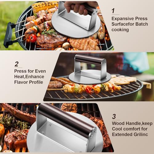 Stainless Steel Burger Press, 6.3" NonStick Hamburger Smasher Tool & Grill Press, 1.32lbs Grill Press with Wood Handle for Blackstone Camp Chef Pitboss Weber Griddle Grills(Round) - size: 6.3inch