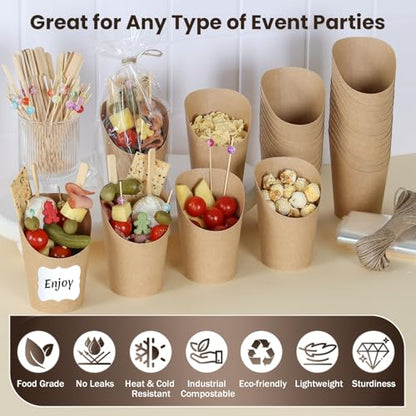 50 Pack 14oz Charcuterie Cups with Sticks and Bags, Brown Paper Charcuterie Cup, 200 Picks+50 Bags+50 Labels, Disposable Snack Cups for Parties, Weddings, Picnics, Appetizers & French Fries - color: Brown(14oz), size: 50 Cups + 200 Sticks + 50 Bags + 50 L