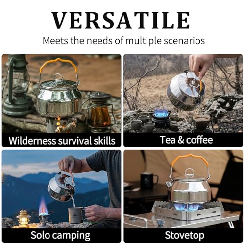 Camping Kettle Tea Pot, 1.4L Portable 304 Stainless Steel Coffee Kettle, Food Grade with Large Opening & Heat-Resistant Handle, Works on Gas, Induction, Open Flame, Electric Stove, Silver