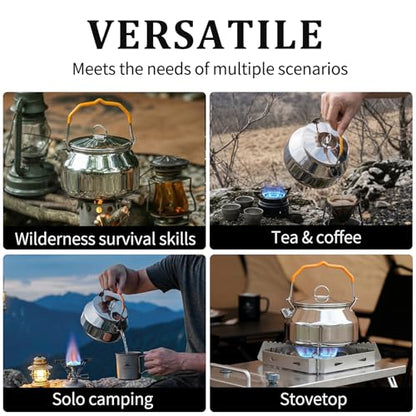 Camping Kettle Tea Pot, 1.4L Portable 304 Stainless Steel Coffee Kettle, Food Grade with Large Opening & Heat-Resistant Handle, Works on Gas, Induction, Open Flame, Electric Stove, Silver