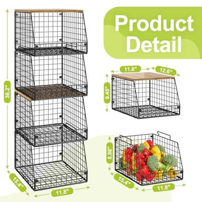 Jakyitvi 4 Pack Stackable Wire Baskets with Fixed Wooden Top, Vegetable Fruit Storage Bins for Onion Potato Snack, Pantry Baskets for Kitchen Cabinet Countertop, Pantry Organizers and Storage Rack - size: 4 Pack with Wooden Top